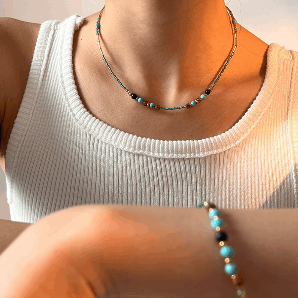 Bright Cyan Rice Beads Necklace